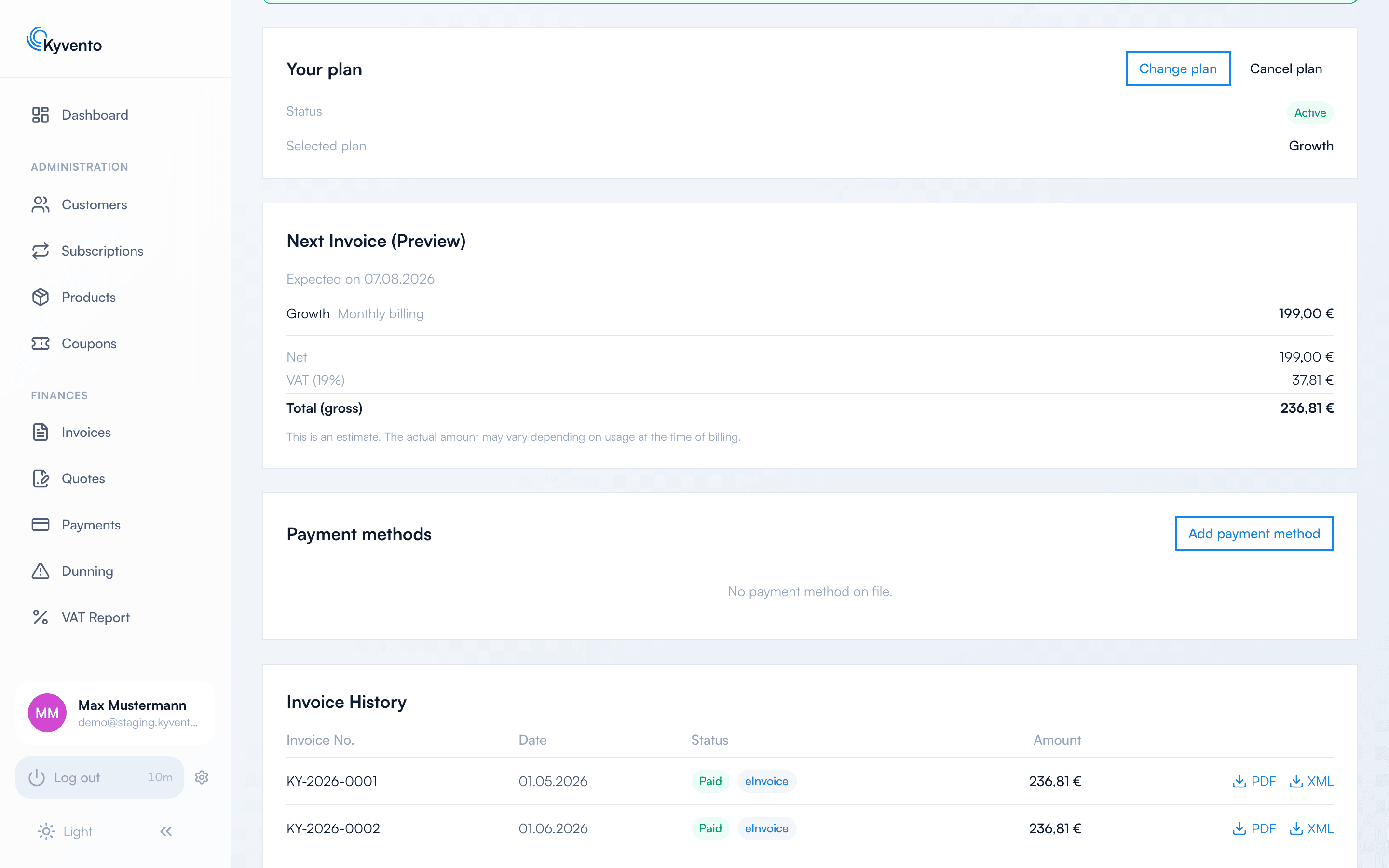 Cards for payment methods and invoice history with PDF download on the billing page
