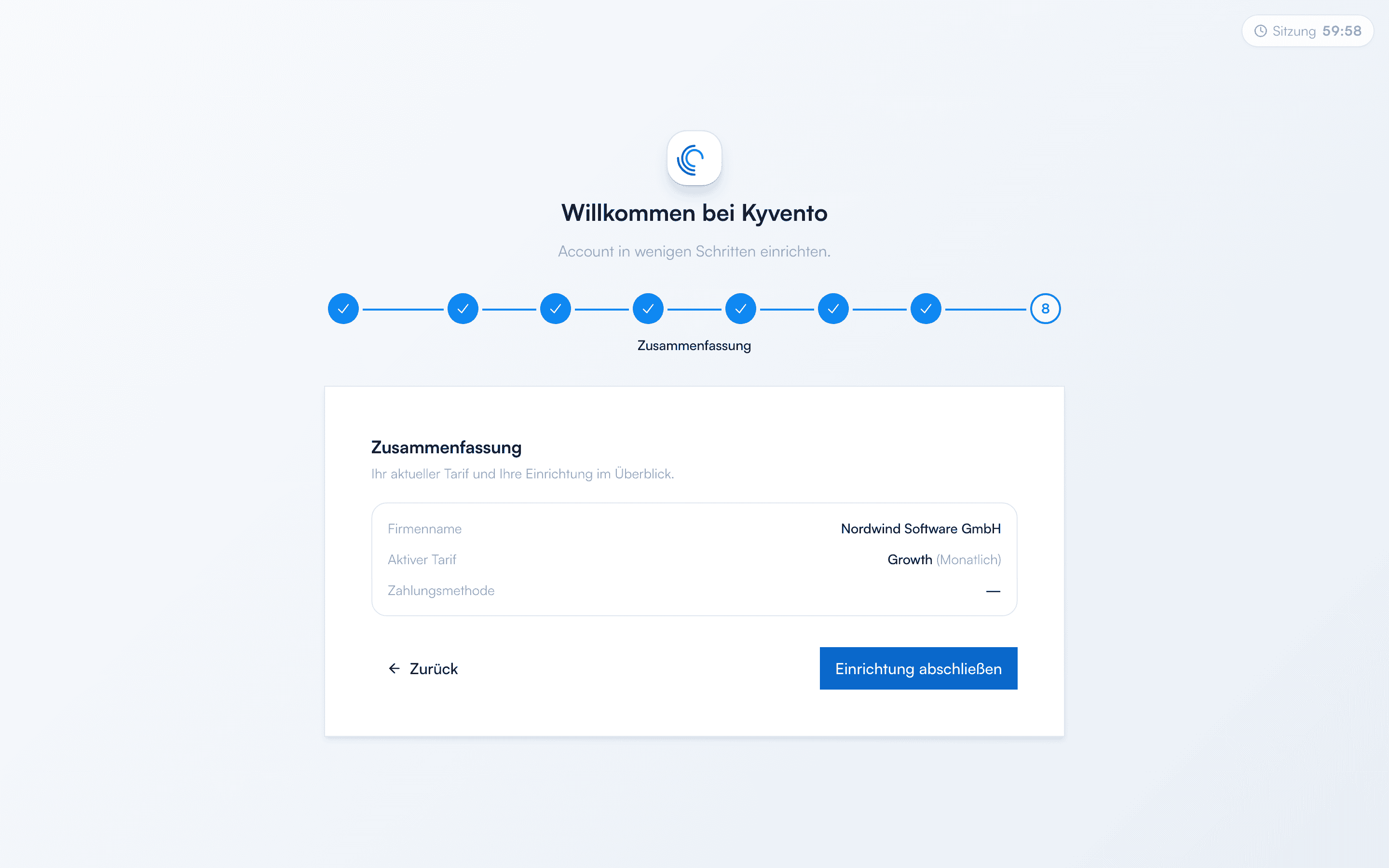 Assistent-Schritt Tarif wählen mit den Optionen Im Testmodus starten und Tarif direkt wählen