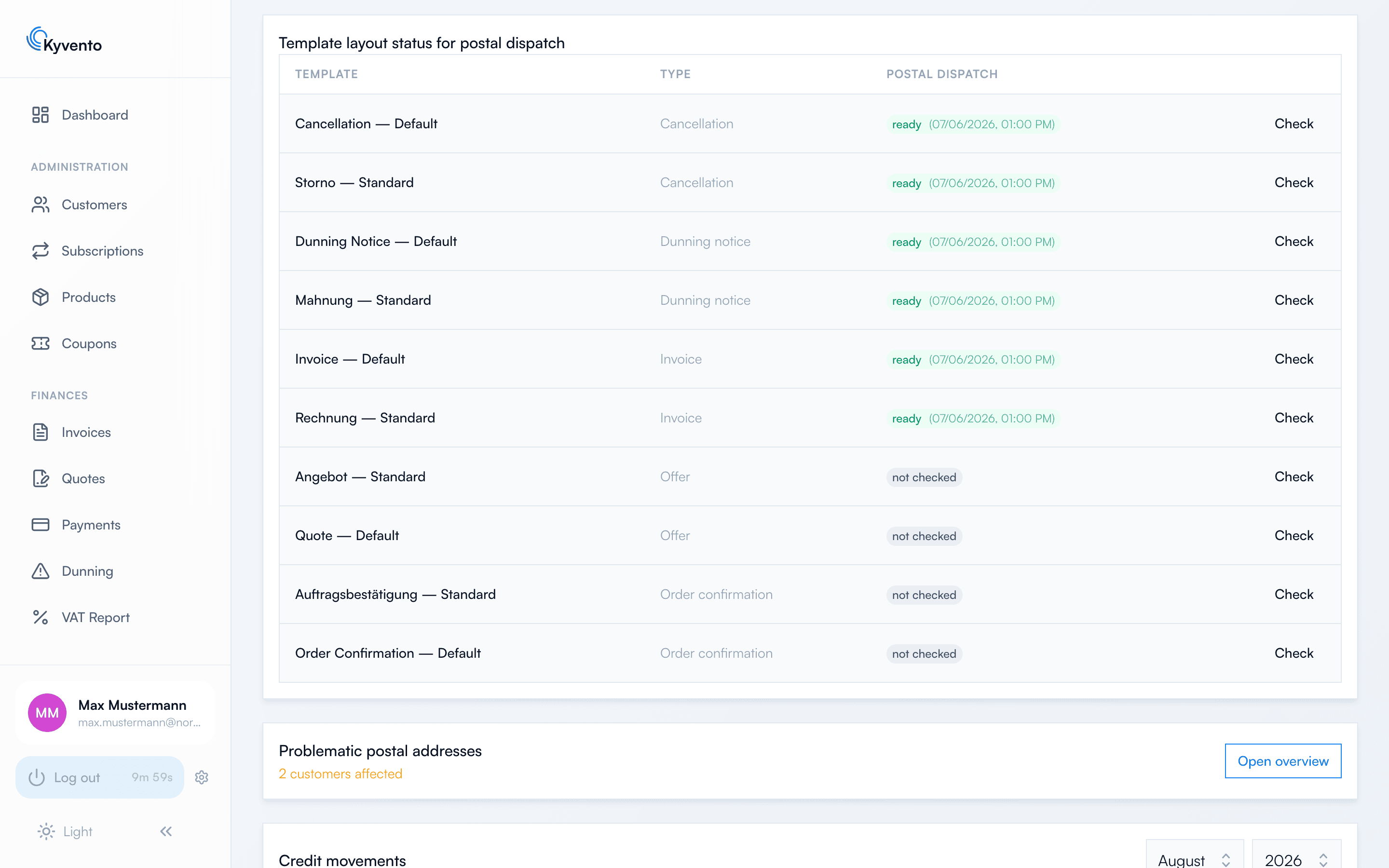 Template layout status showing “ready” and “not checked” per template