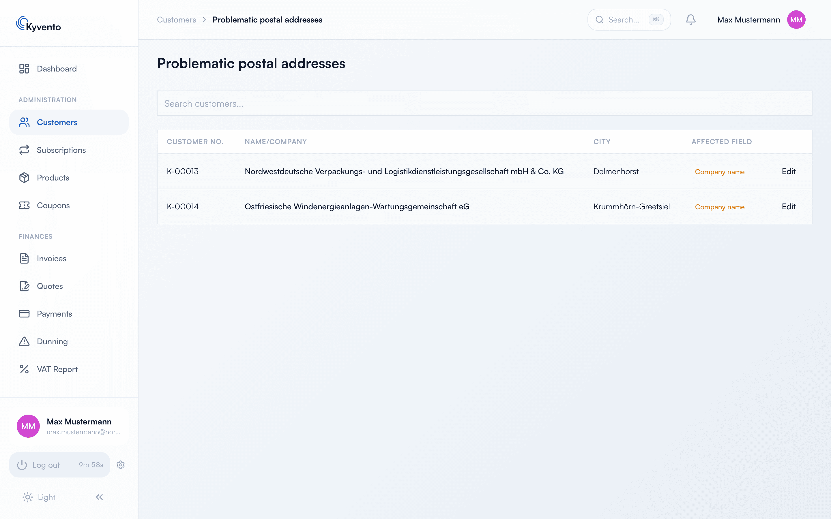 Overview of problematic postal addresses with customer number, company, city and affected field