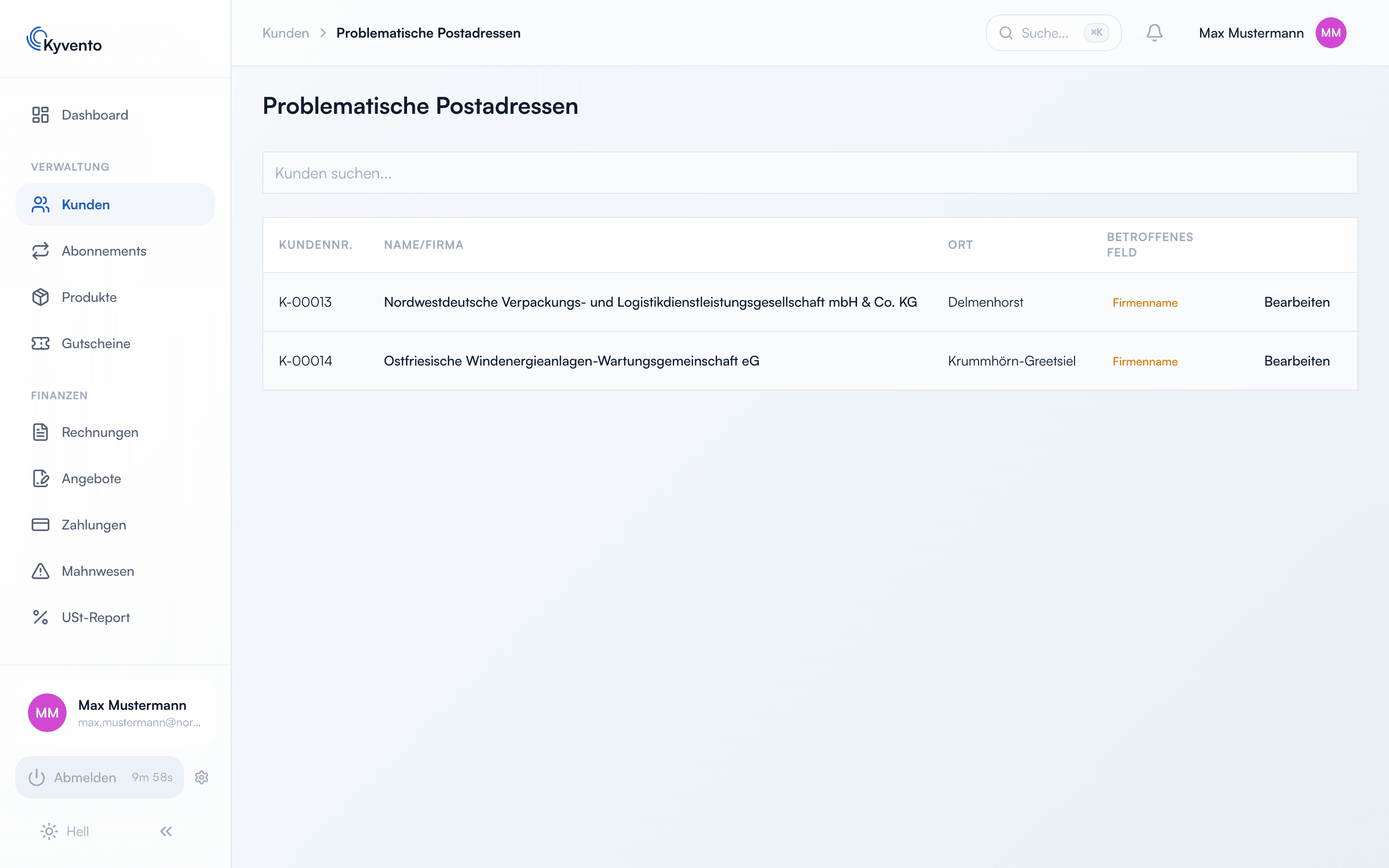 Übersicht problematischer Postadressen mit Kundennummer, Firma, Ort und beanstandetem Feld