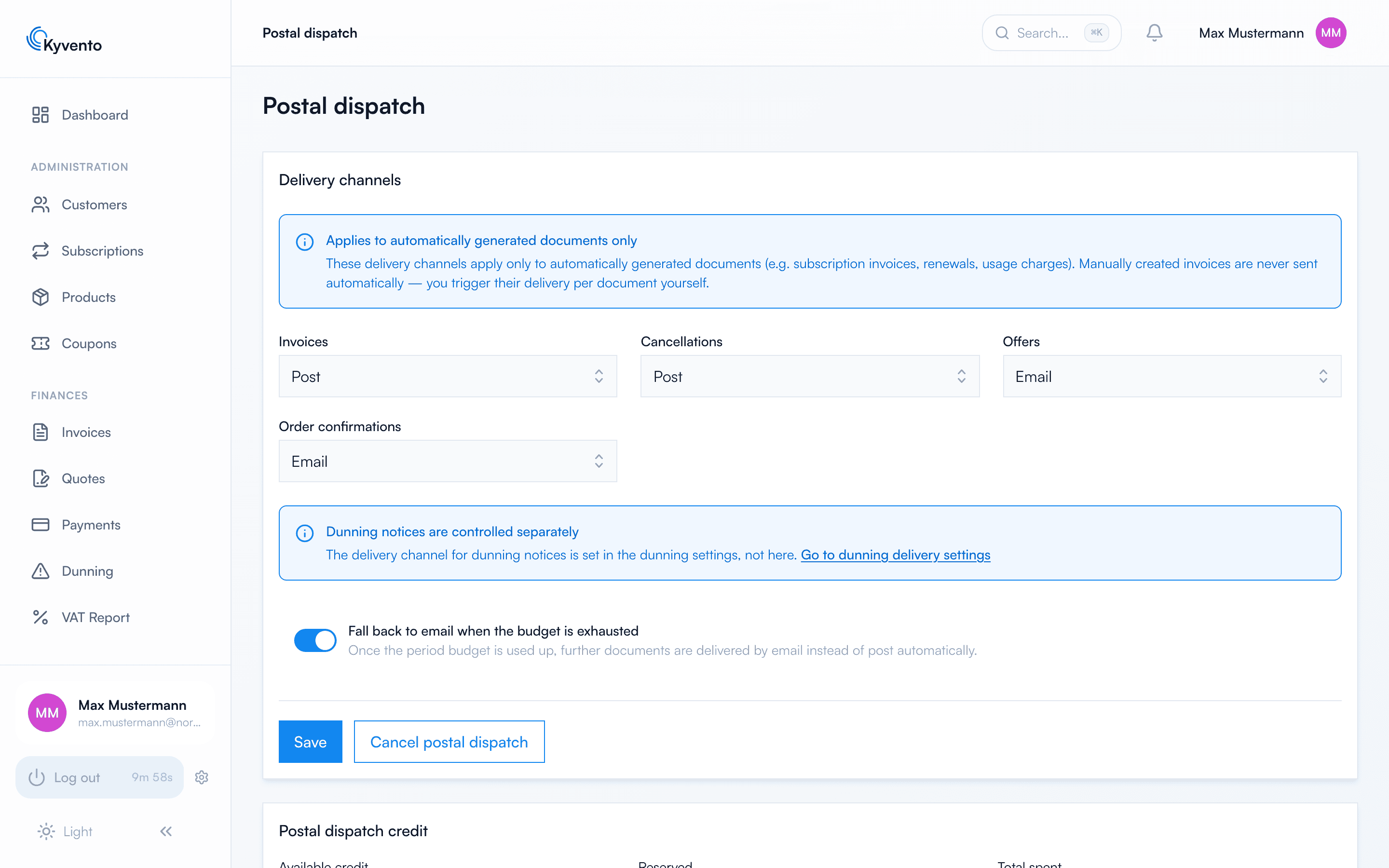 Postal dispatch page with delivery routes per document type and the credit card