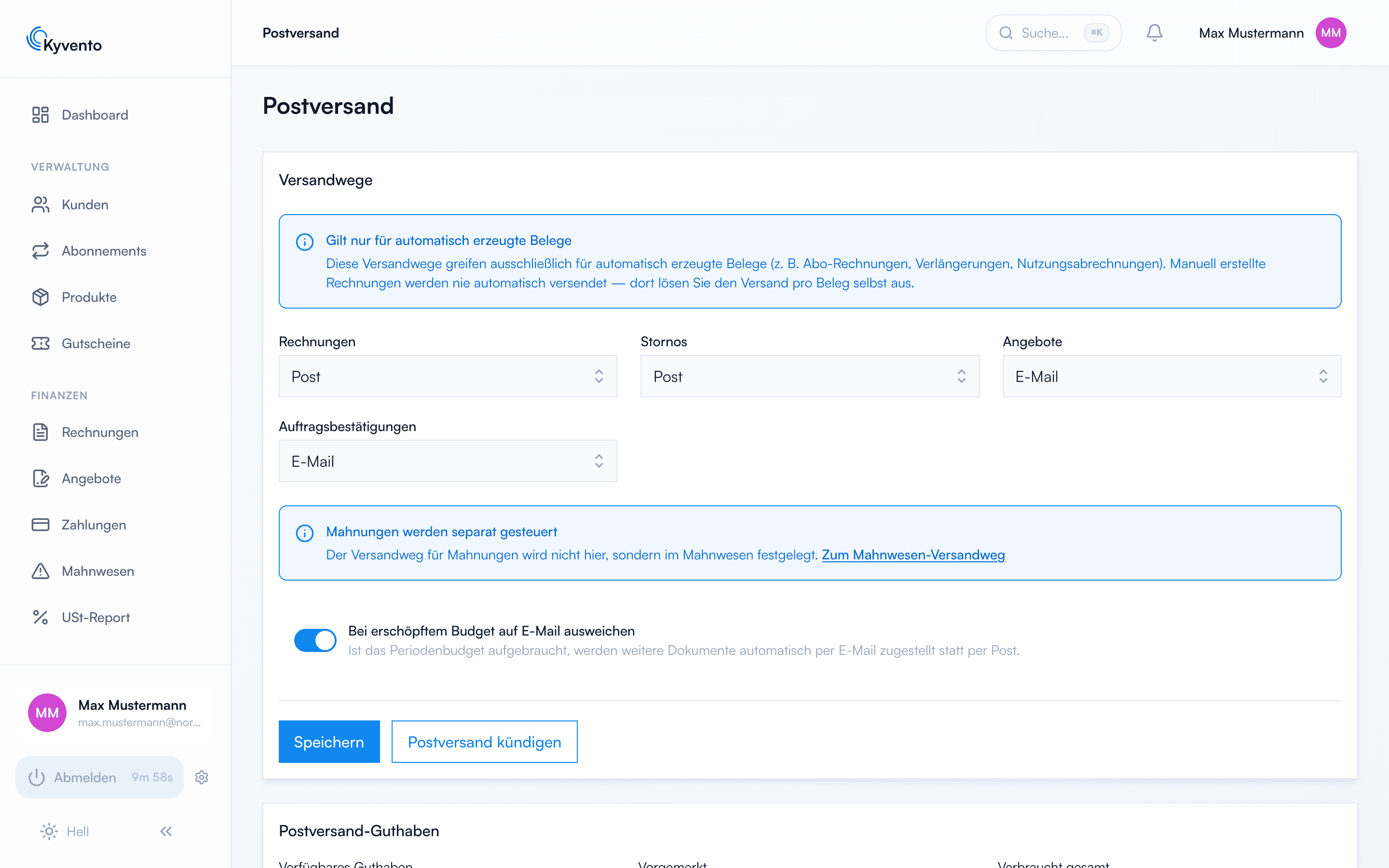 Postversand-Seite mit Versandwegen je Belegart und der Guthaben-Karte