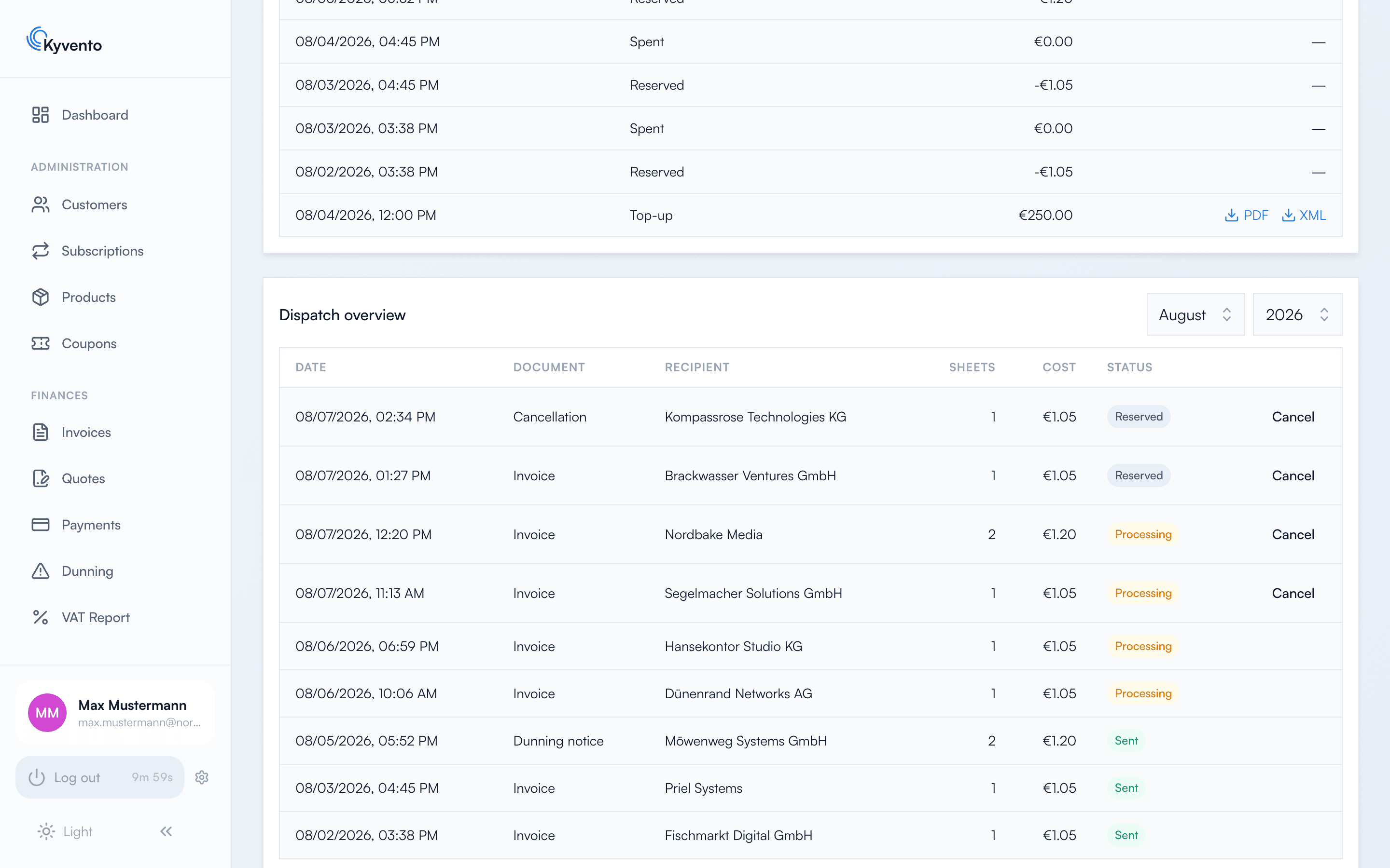 Dispatch overview with date, document type, recipient, sheets, cost and status per item
