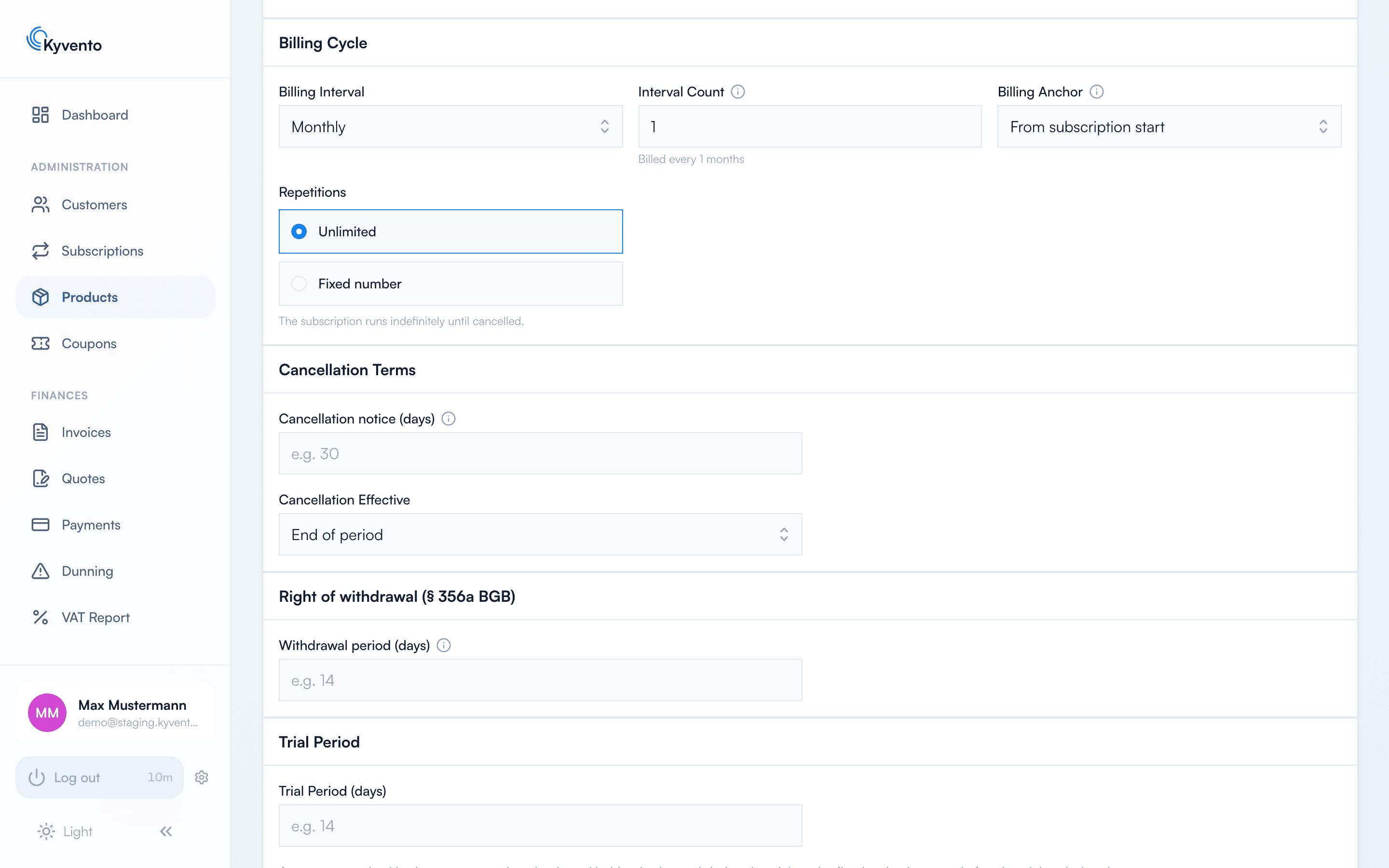 Billing cycle section of the form with interval, anchor and repetitions
