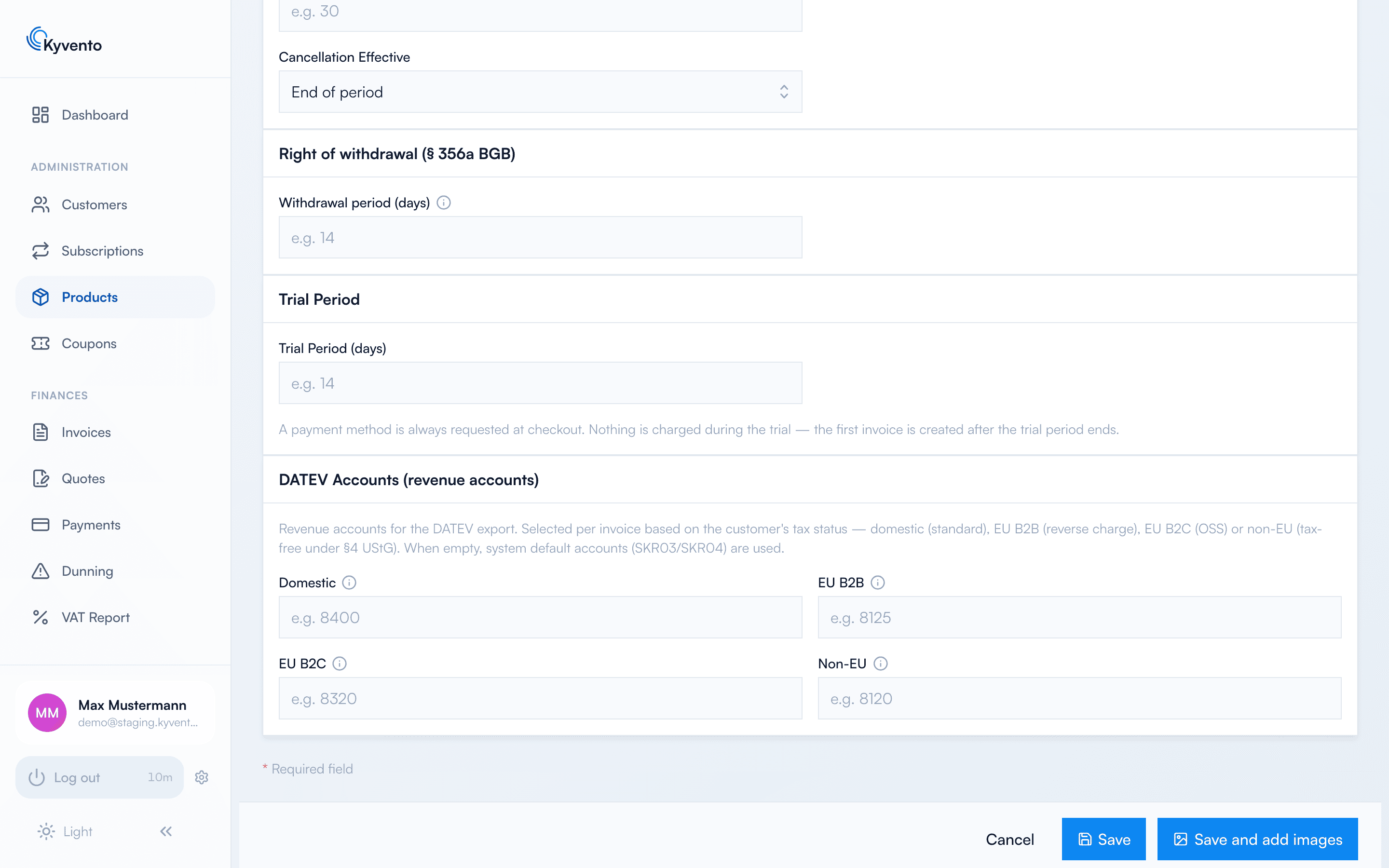 Product form with the DATEV accounts section and the Domestic, EU B2B, EU B2C and Third country fields