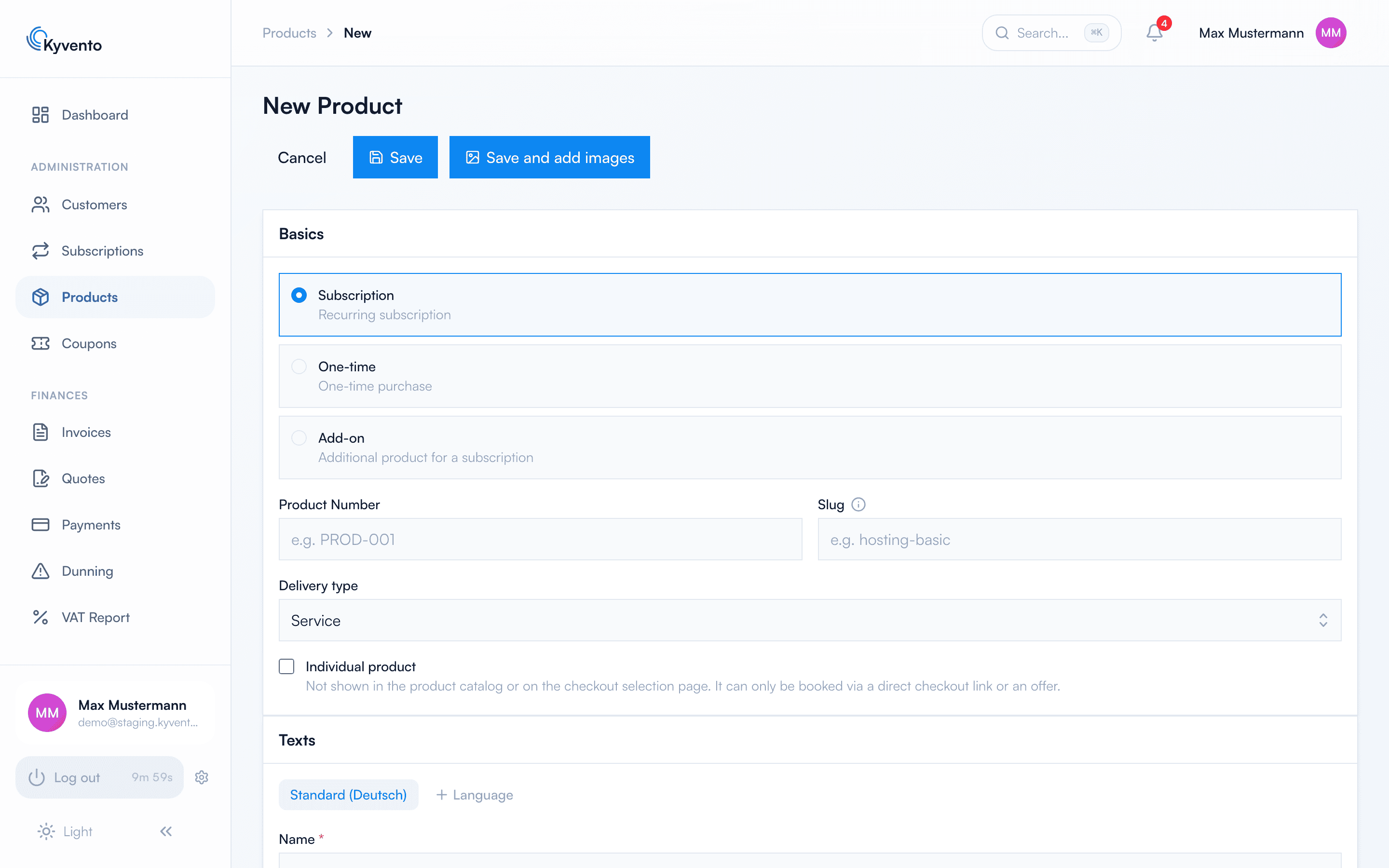 Product form with type selection Subscription, One-off and Add-on