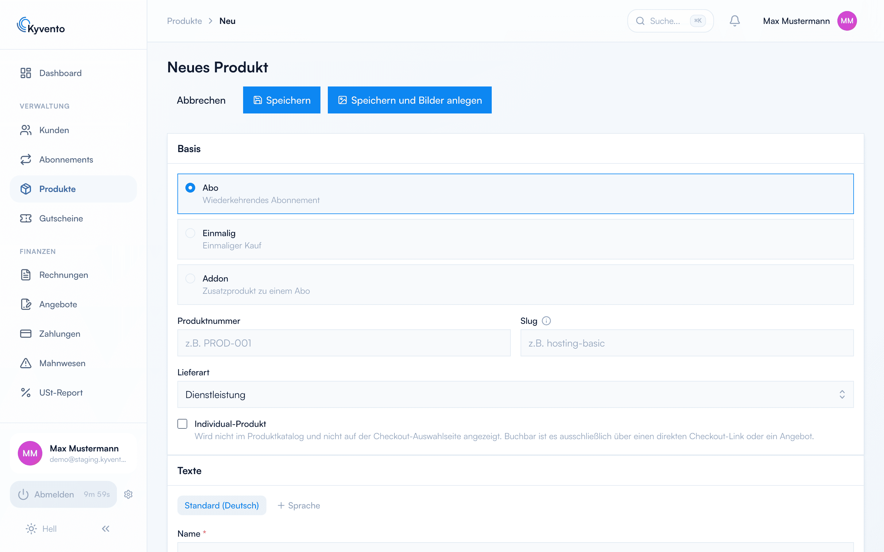Formular Neues Produkt mit Typ-Auswahl, Texten und Preisgestaltung