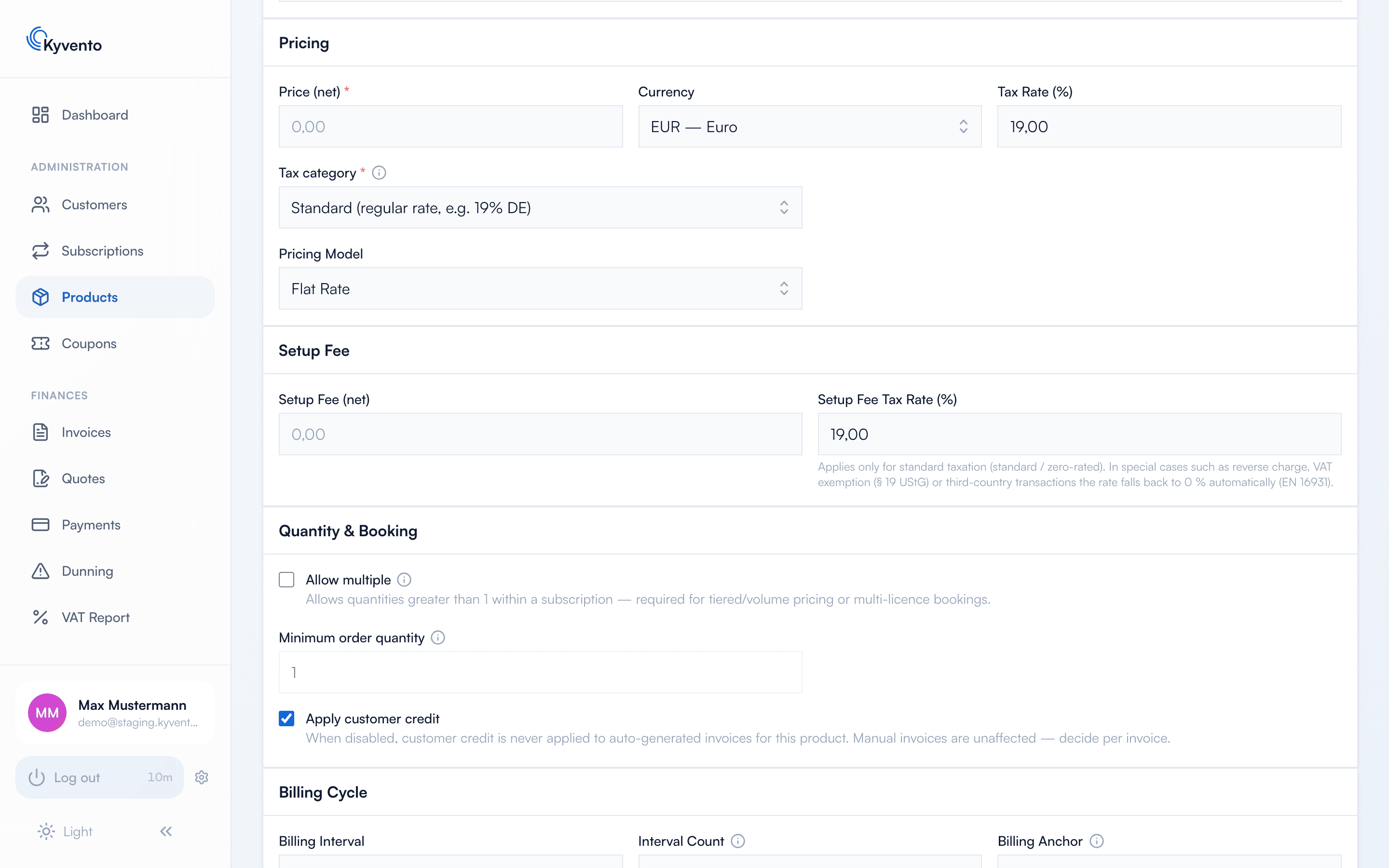Pricing section of the form with setup fee fields
