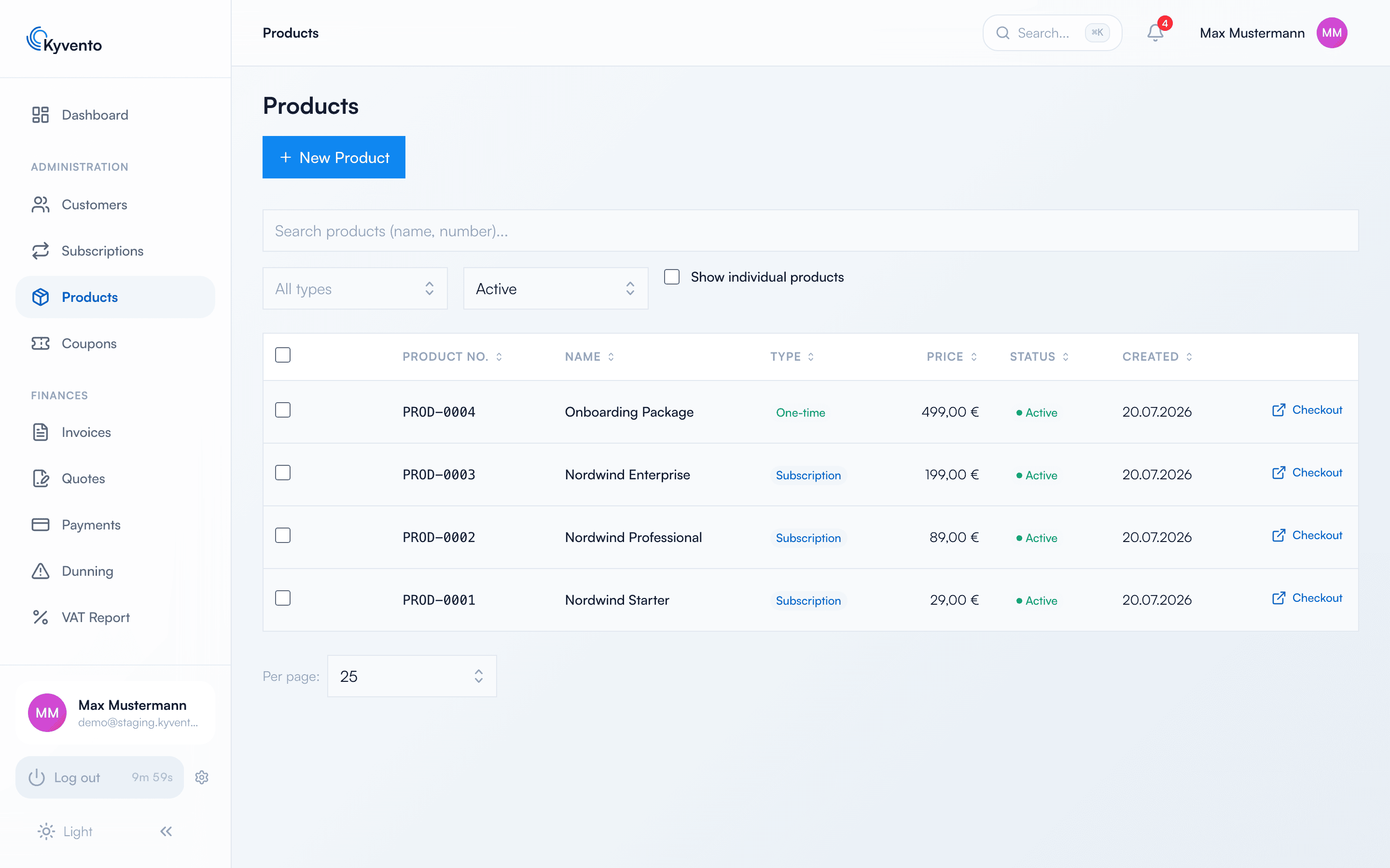 Product list with three plans and the New product button