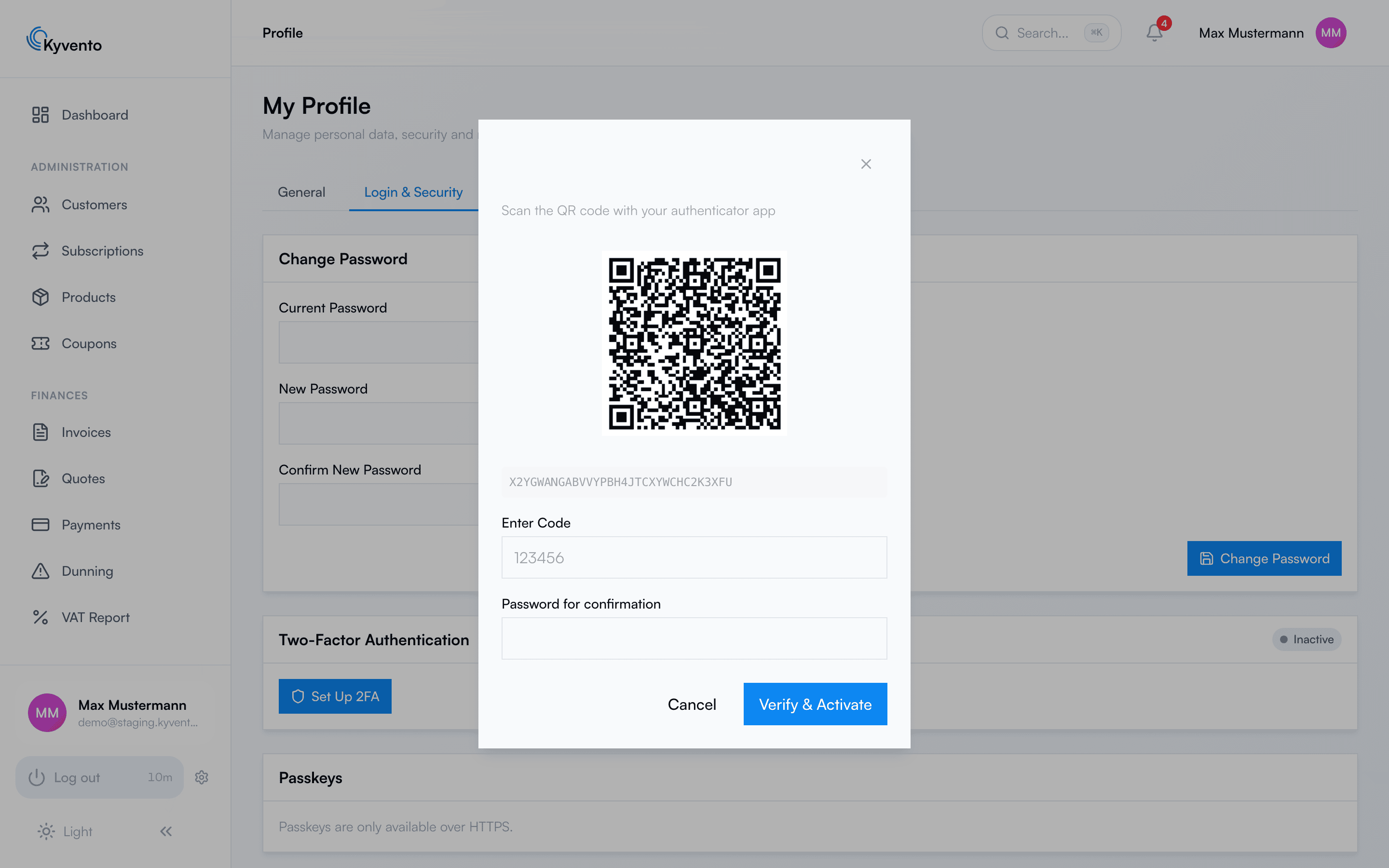 2FA setup dialog with QR code, key and code entry field