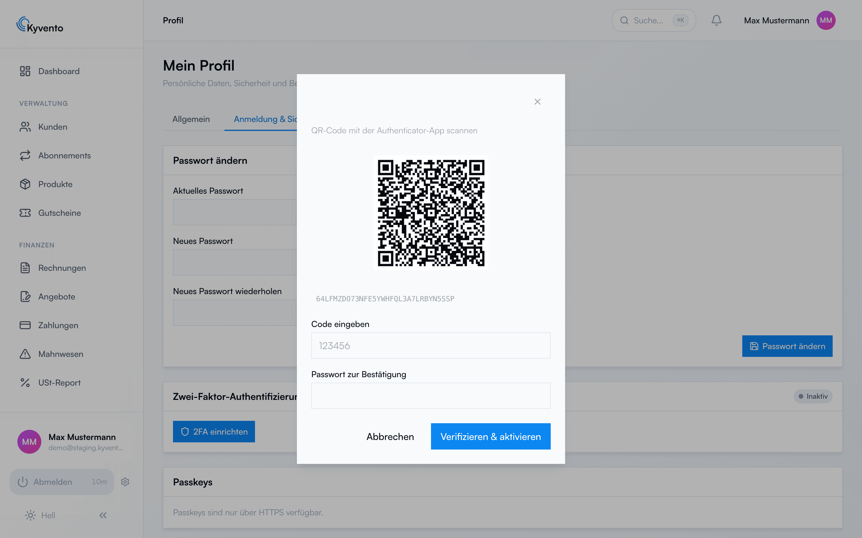 2FA-Einrichtungsdialog mit QR-Code, Schlüssel und Code-Eingabefeld