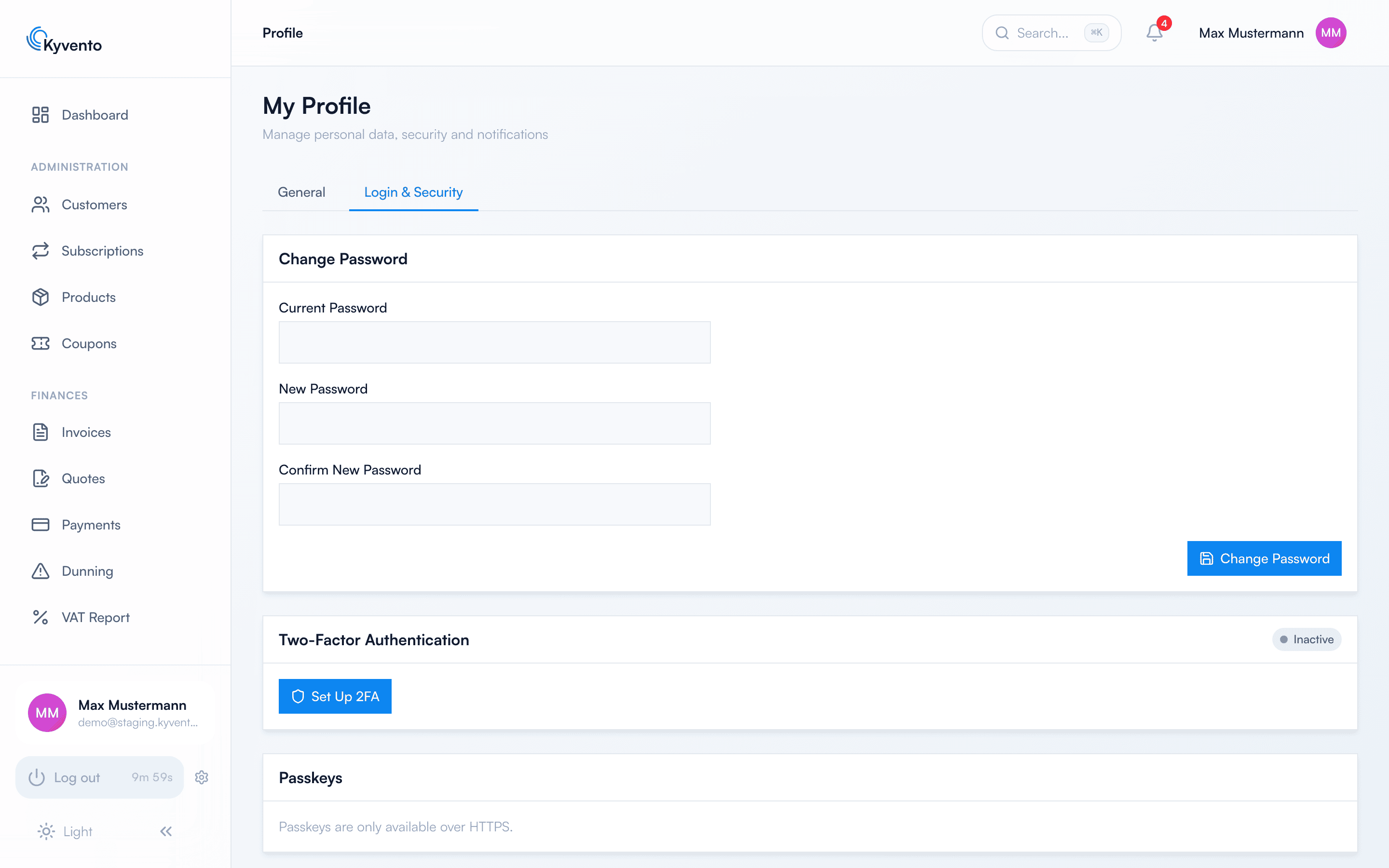 Sign-in and security tab with password, two-factor authentication and passkeys