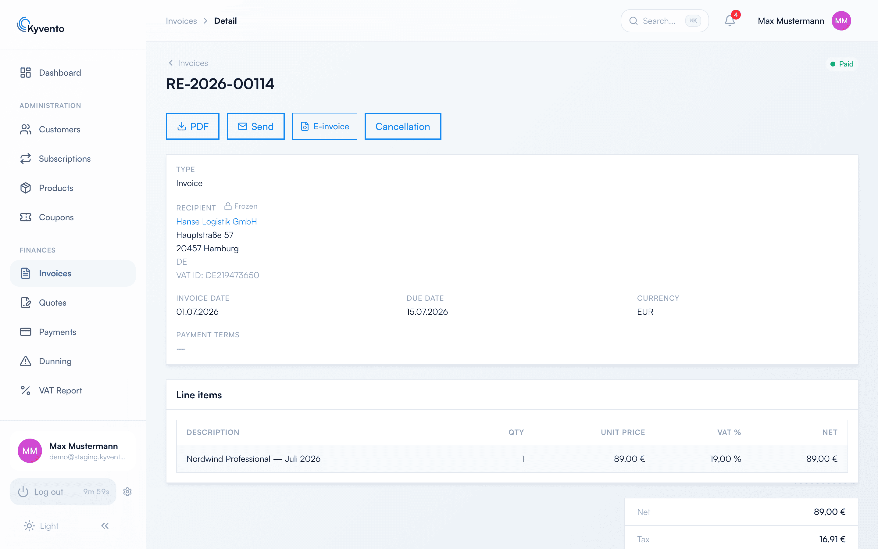 Invoice detail page with the cancellation action