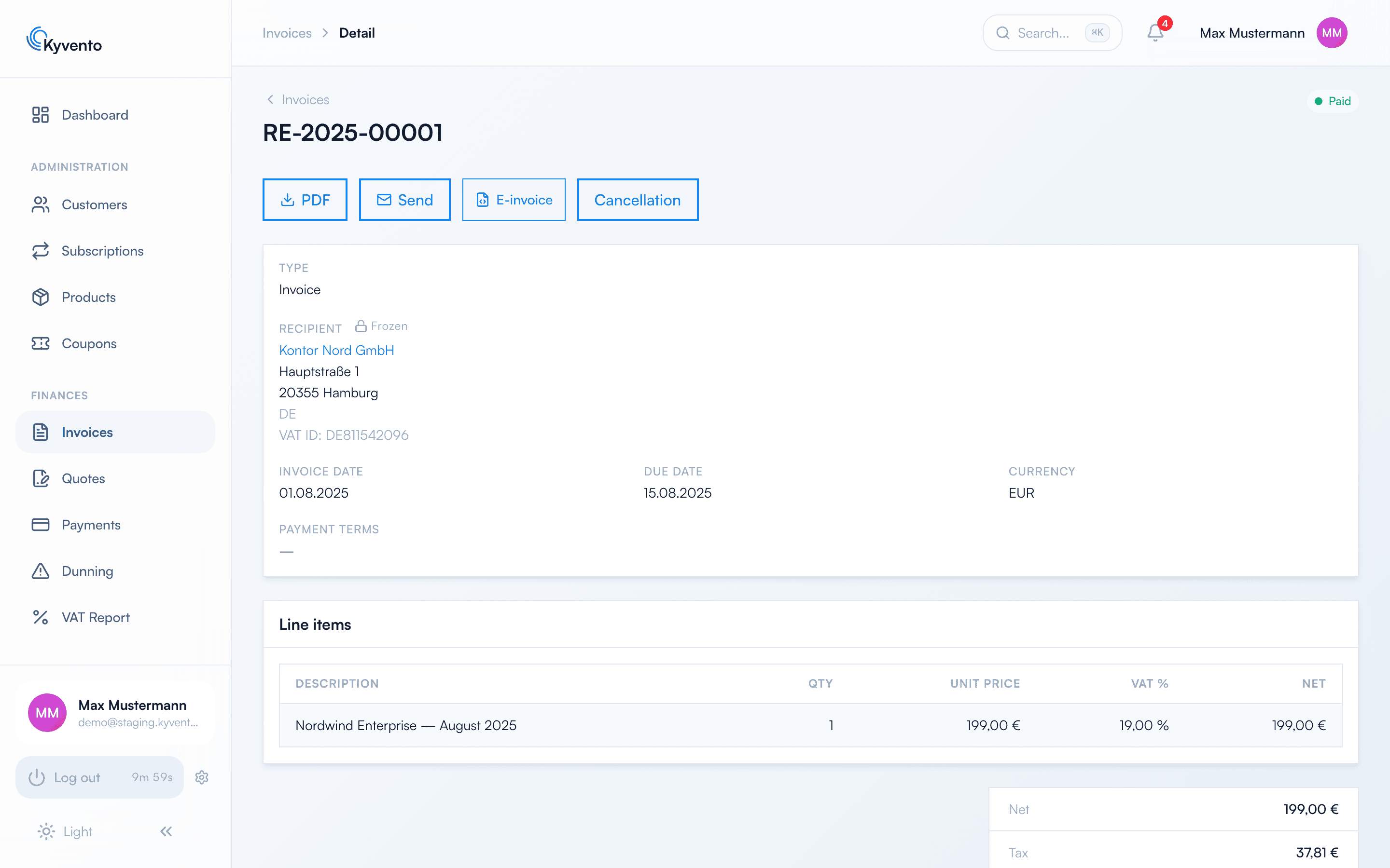 Invoice detail page with the PDF, Send, XML and Cancel buttons