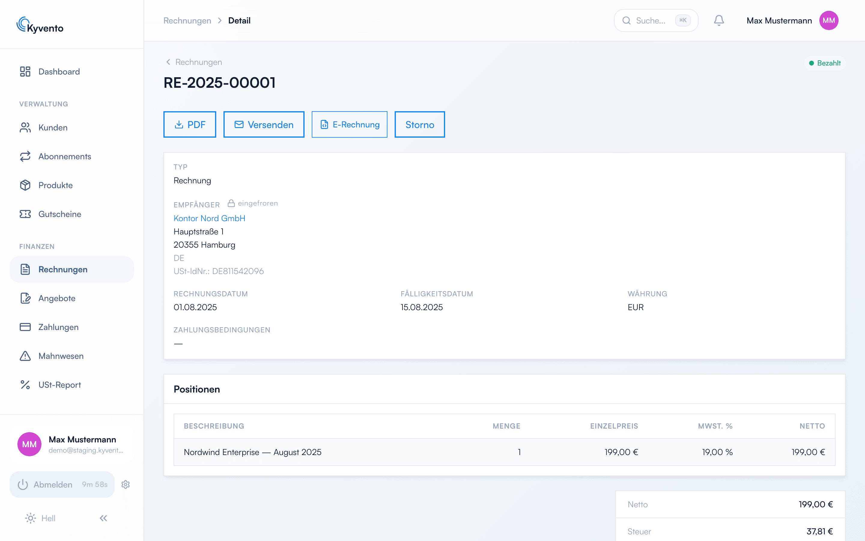 Rechnungs-Detailseite mit den Buttons PDF, Versenden, XML und Storno