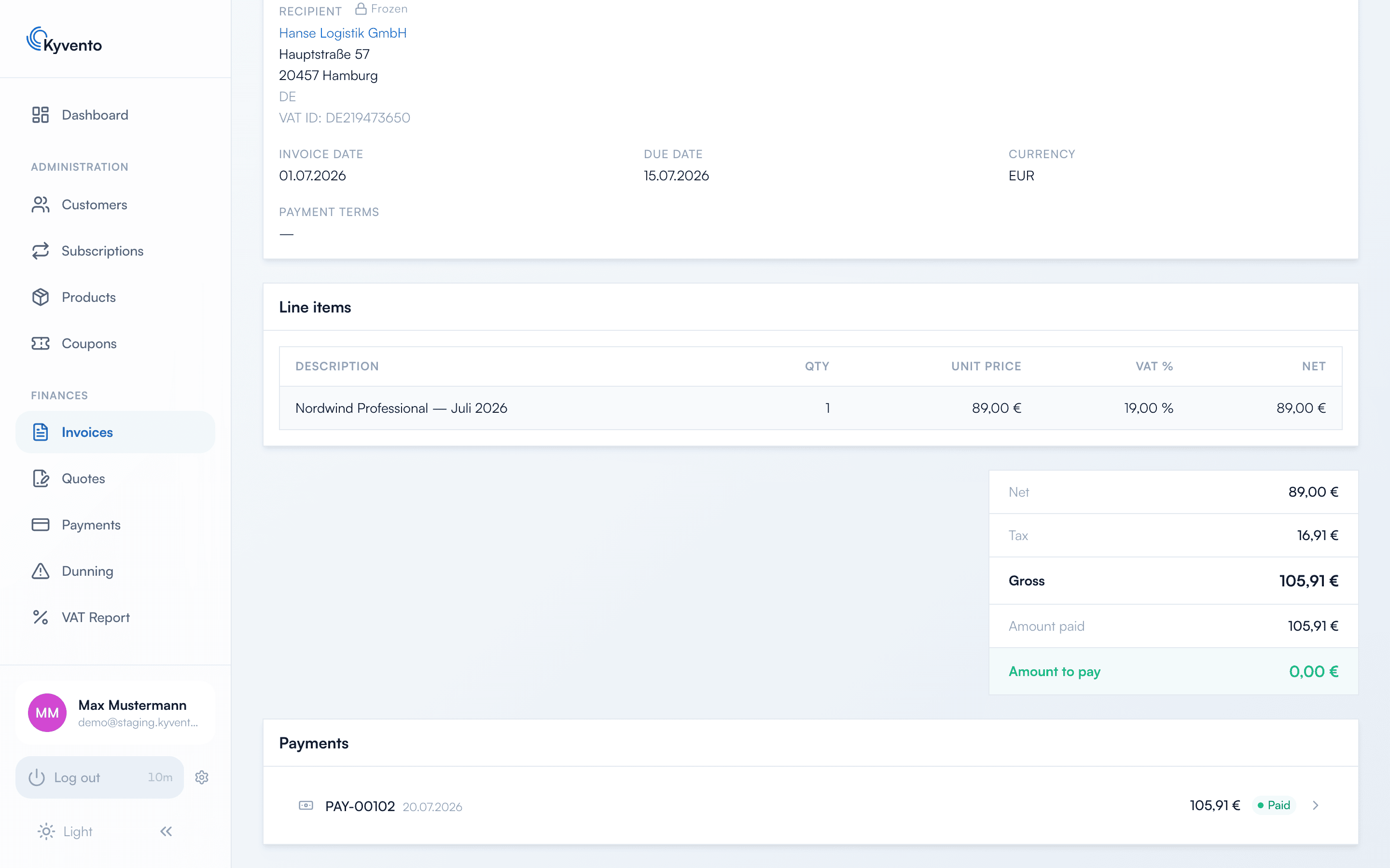 Payment list with filters for status, gateway and period