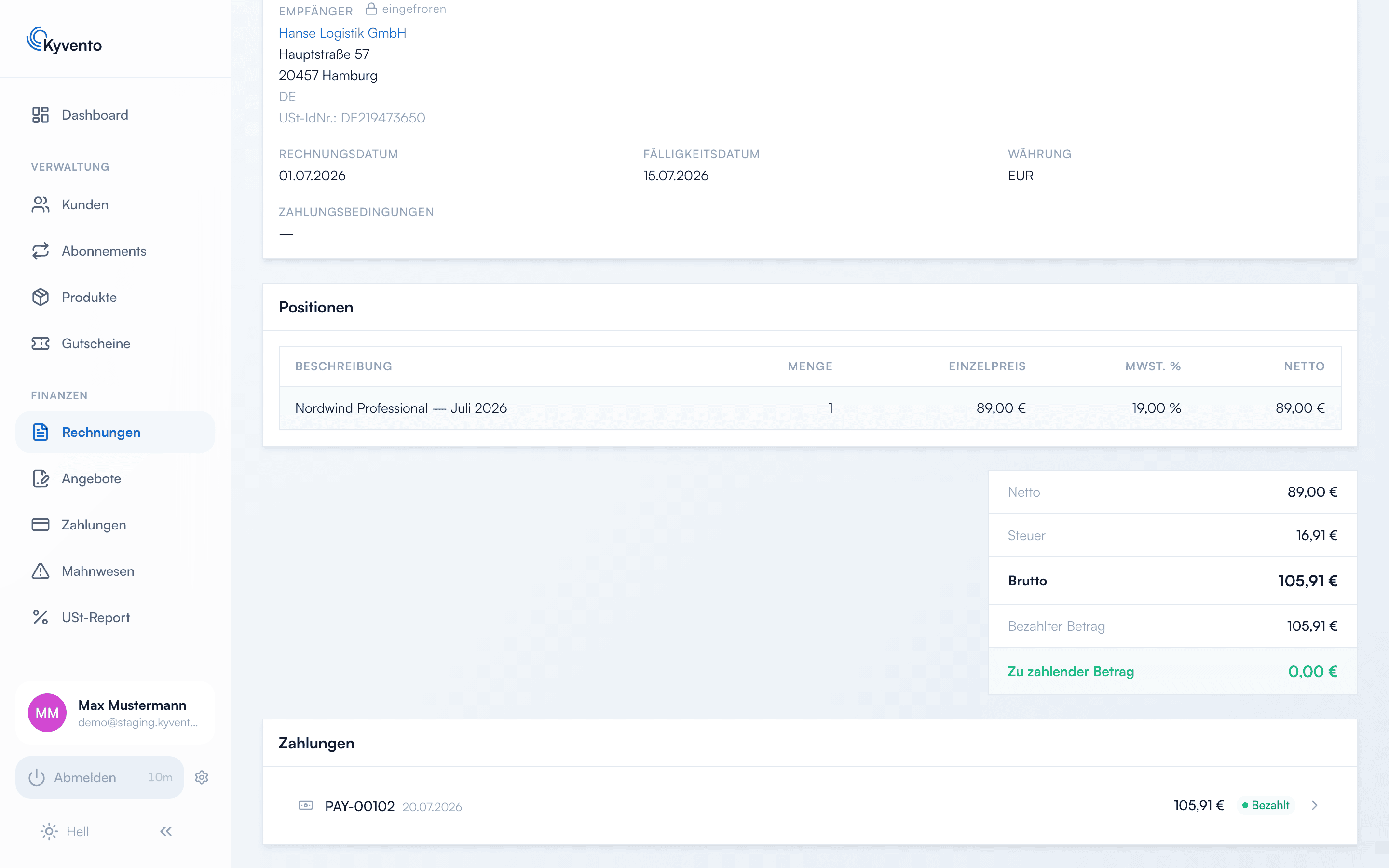 Zahlungsliste mit Filtern für Status, Gateway und Zeitraum