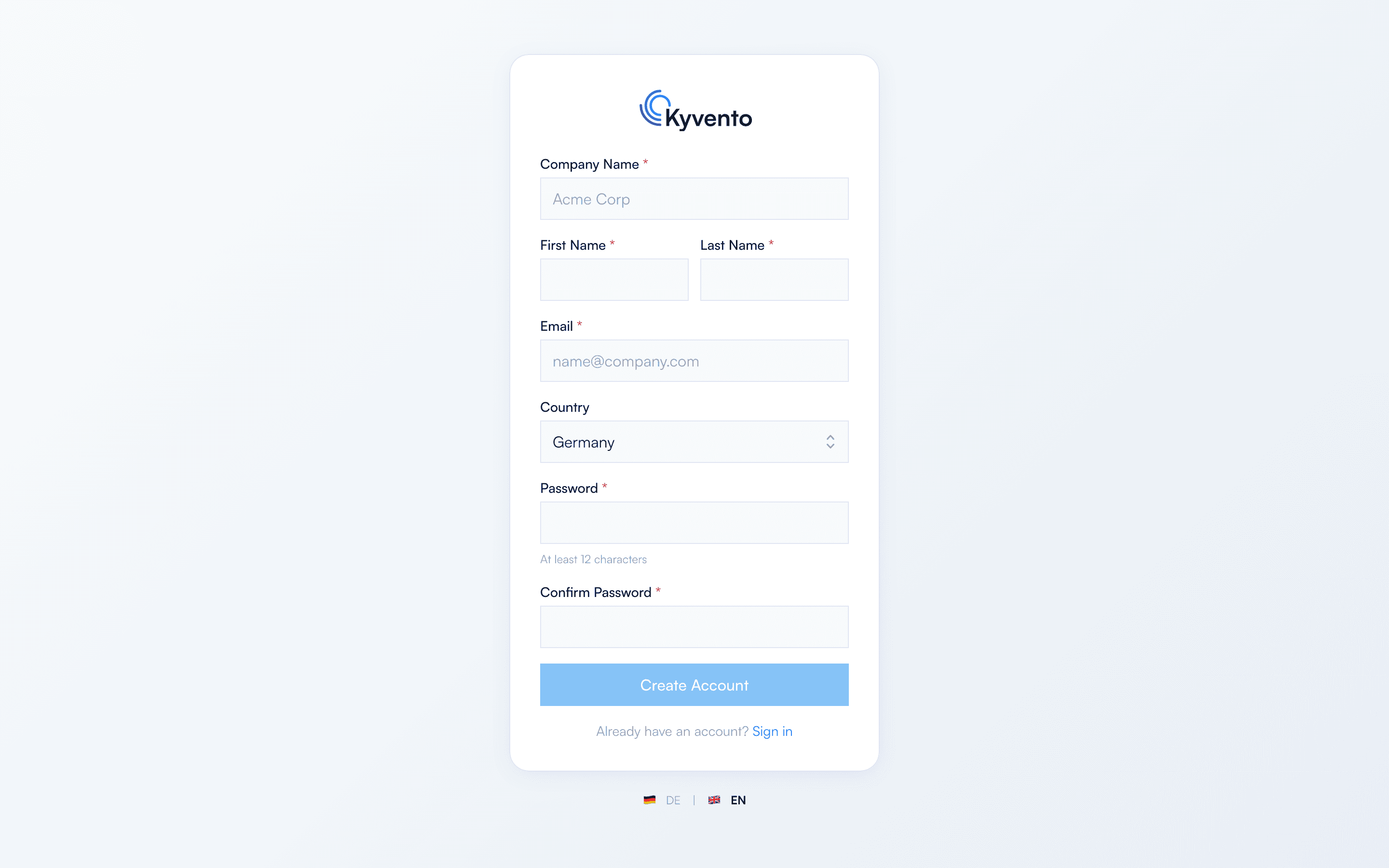 Kyvento registration form with completed fields