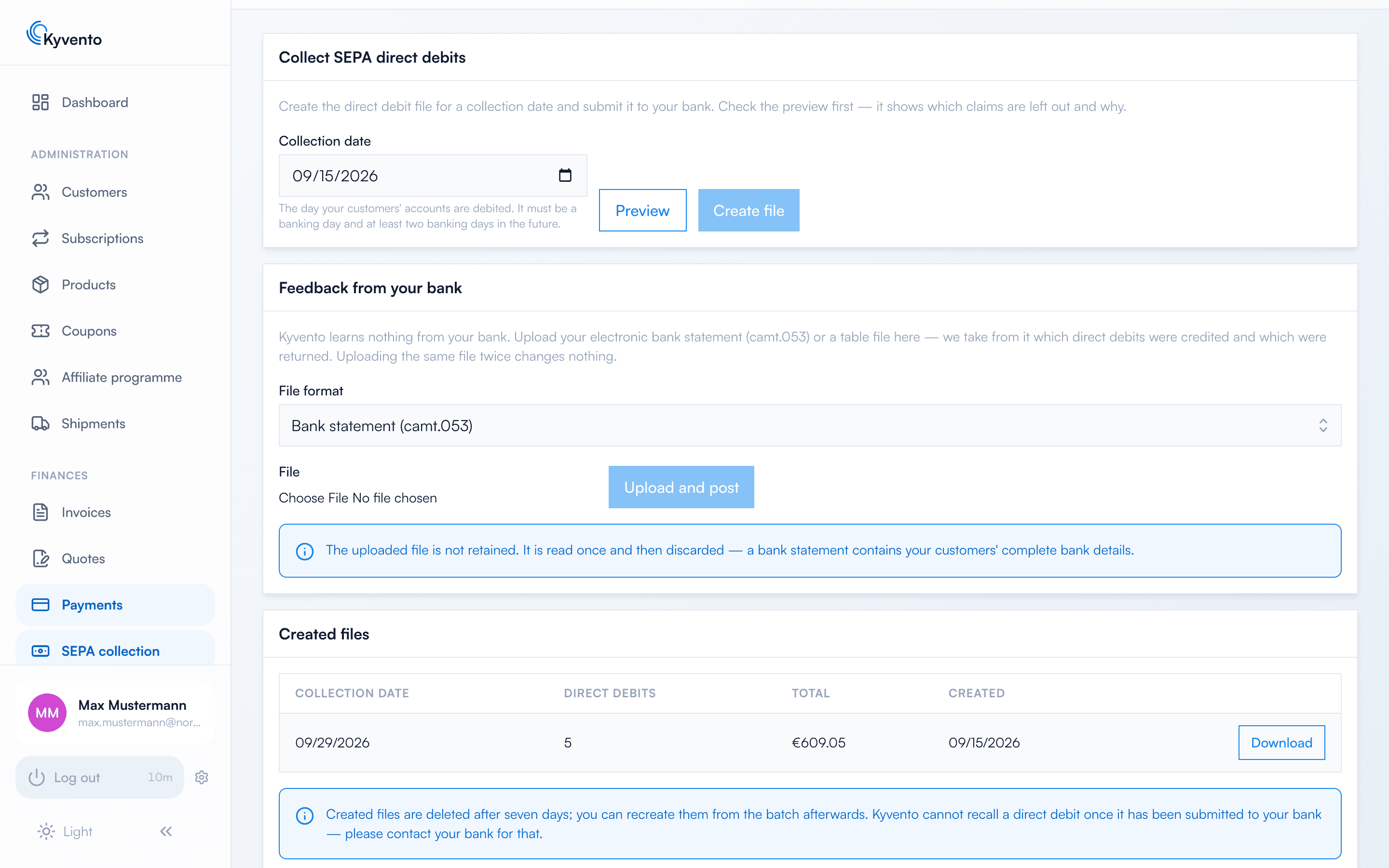 The same page further down: section Feedback from your bank with file format and upload, below it the created file with collection date, count, total and download