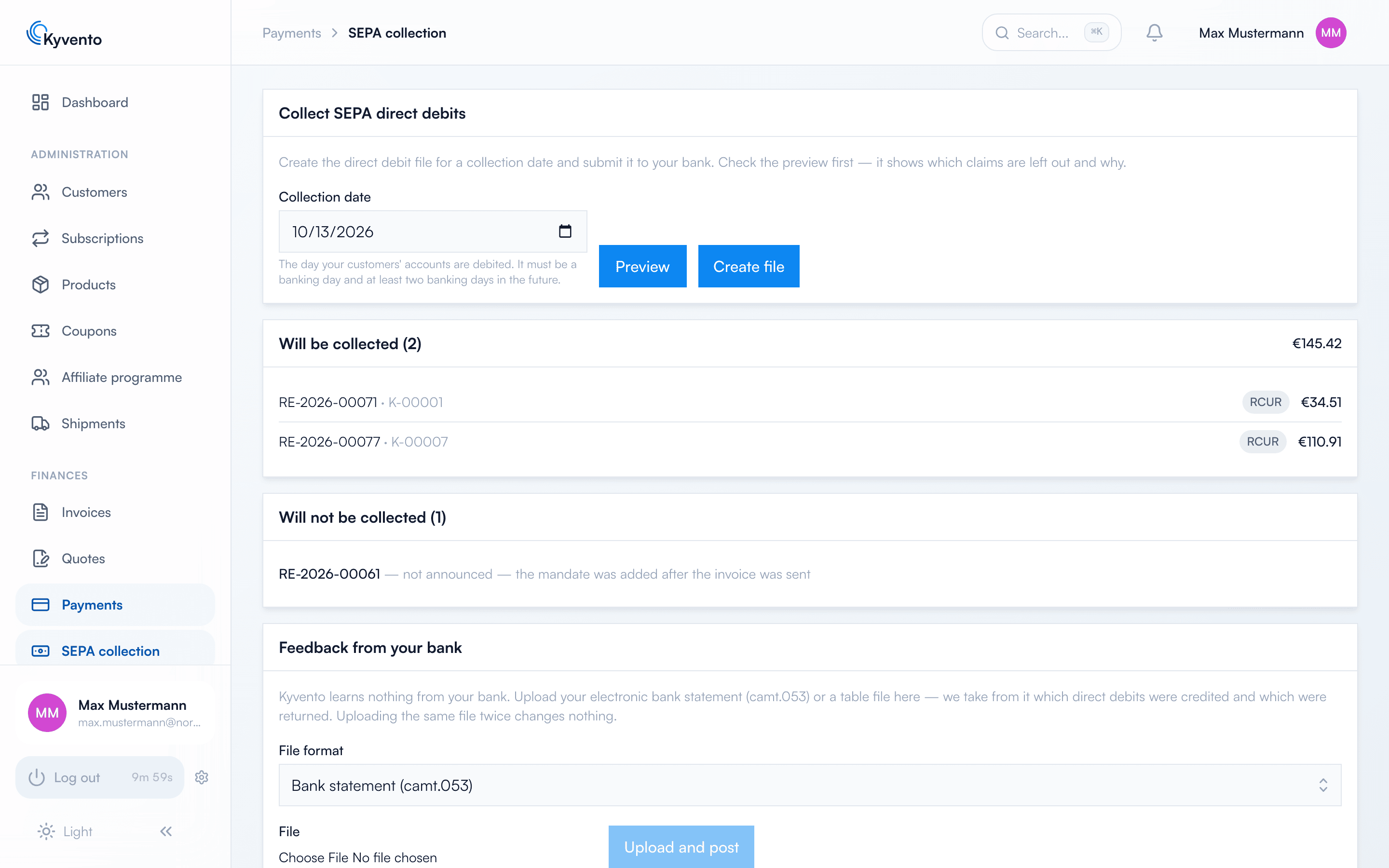 Page Collect SEPA direct debits with collection date, preview and the two lists Will be collected and Will not be collected with reason