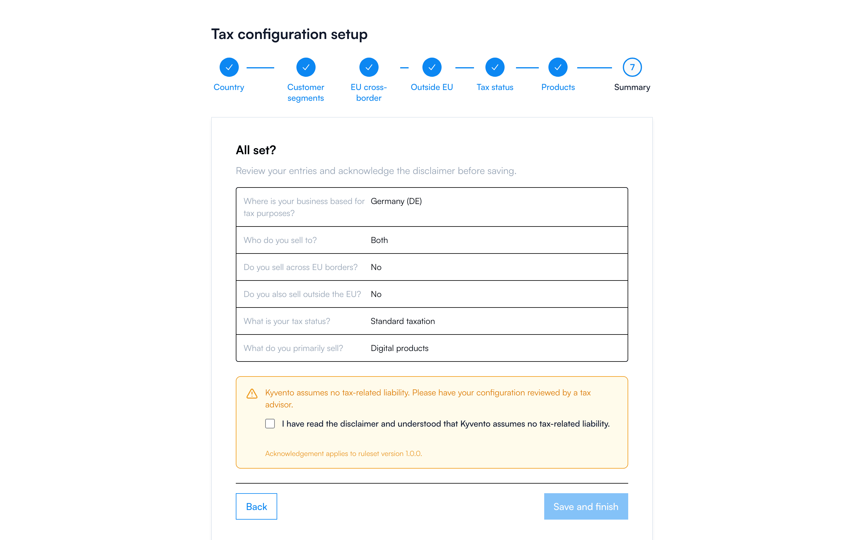 Summary of the tax wizard with country of establishment, customer segments and tax status