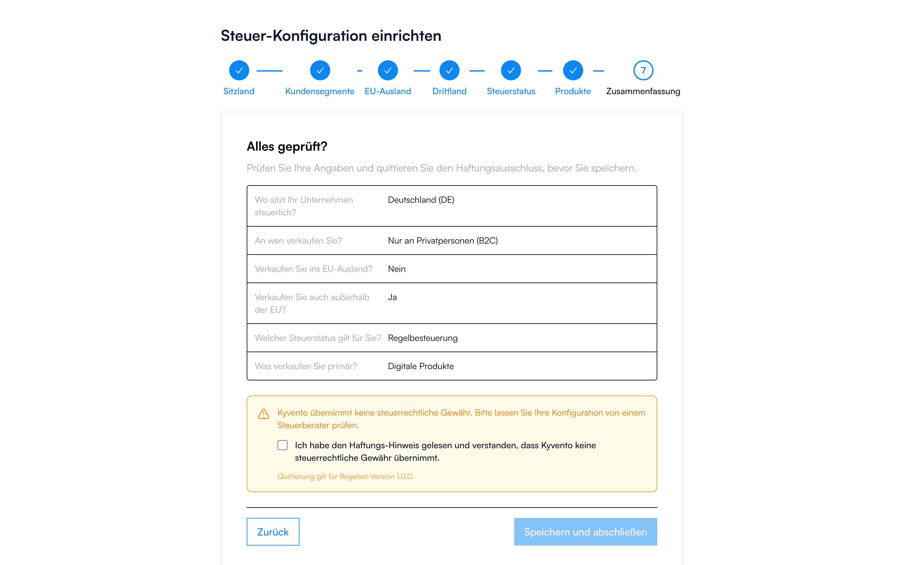 Zusammenfassung des Steuer-Assistenten mit Sitzland, Kundensegmenten und Steuerstatus
