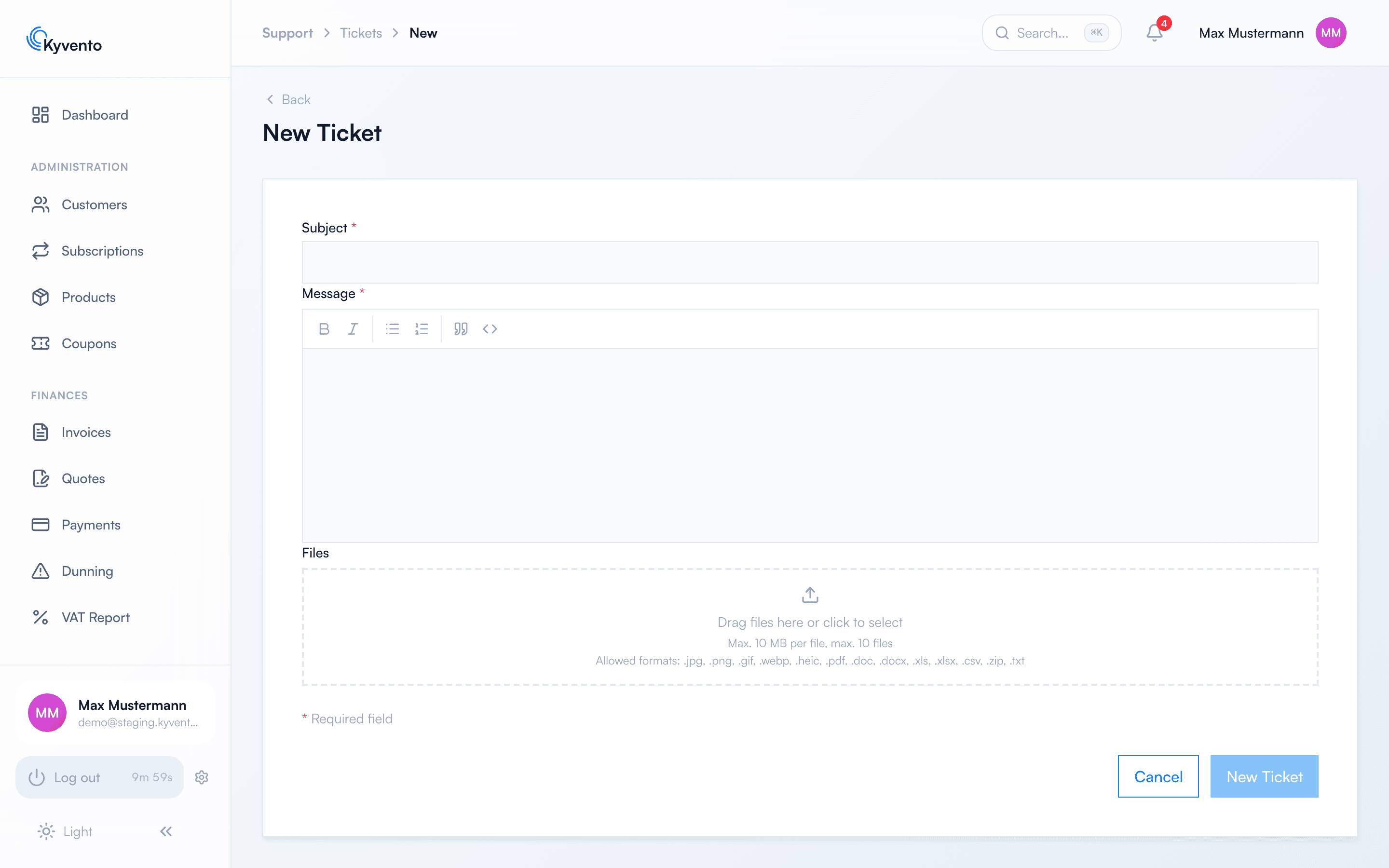 New ticket form with subject, message and file upload