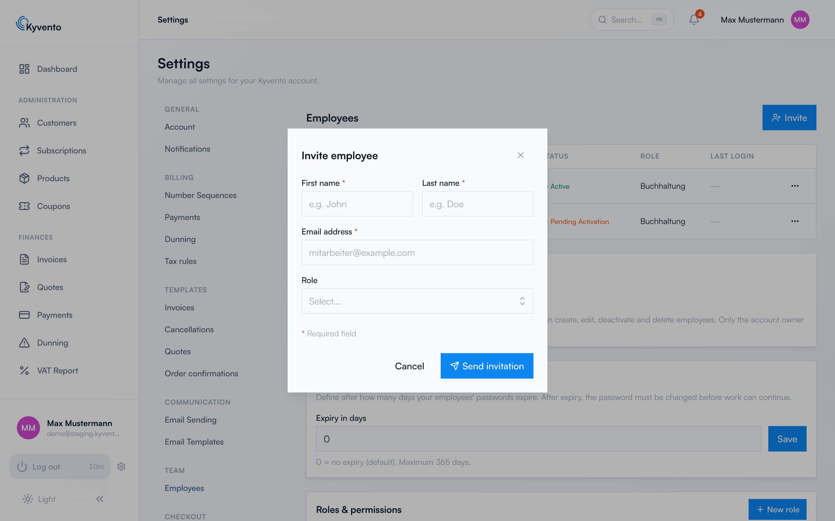 Invite employee dialog with first name, last name, email address and role