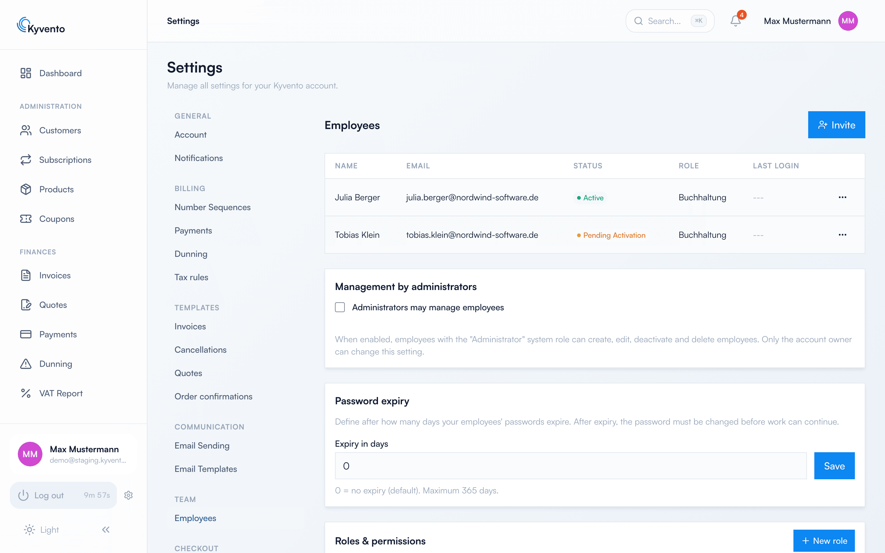 Employee overview in the settings with an Invite button