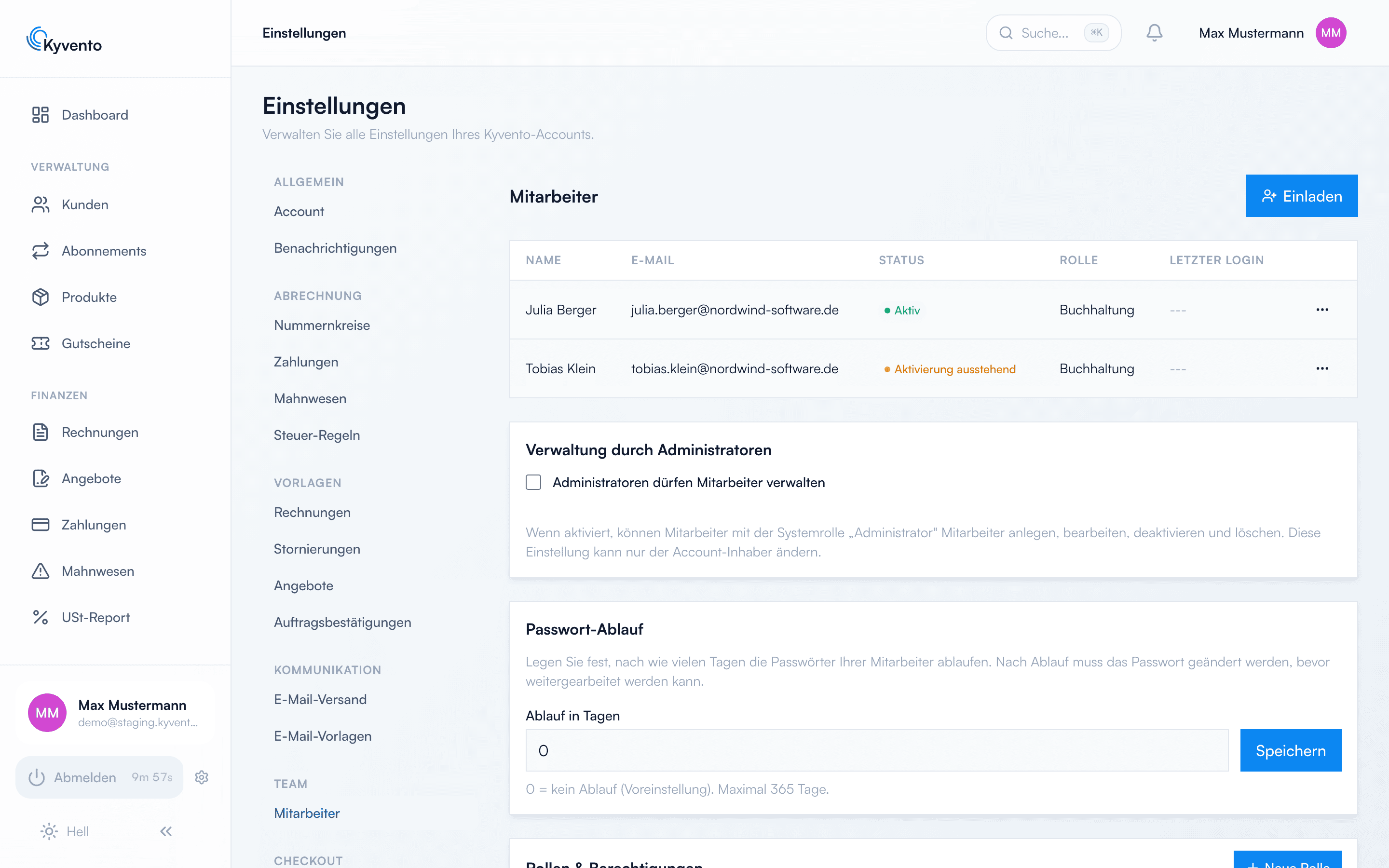Mitarbeiter-Übersicht in den Einstellungen mit Einladen-Button
