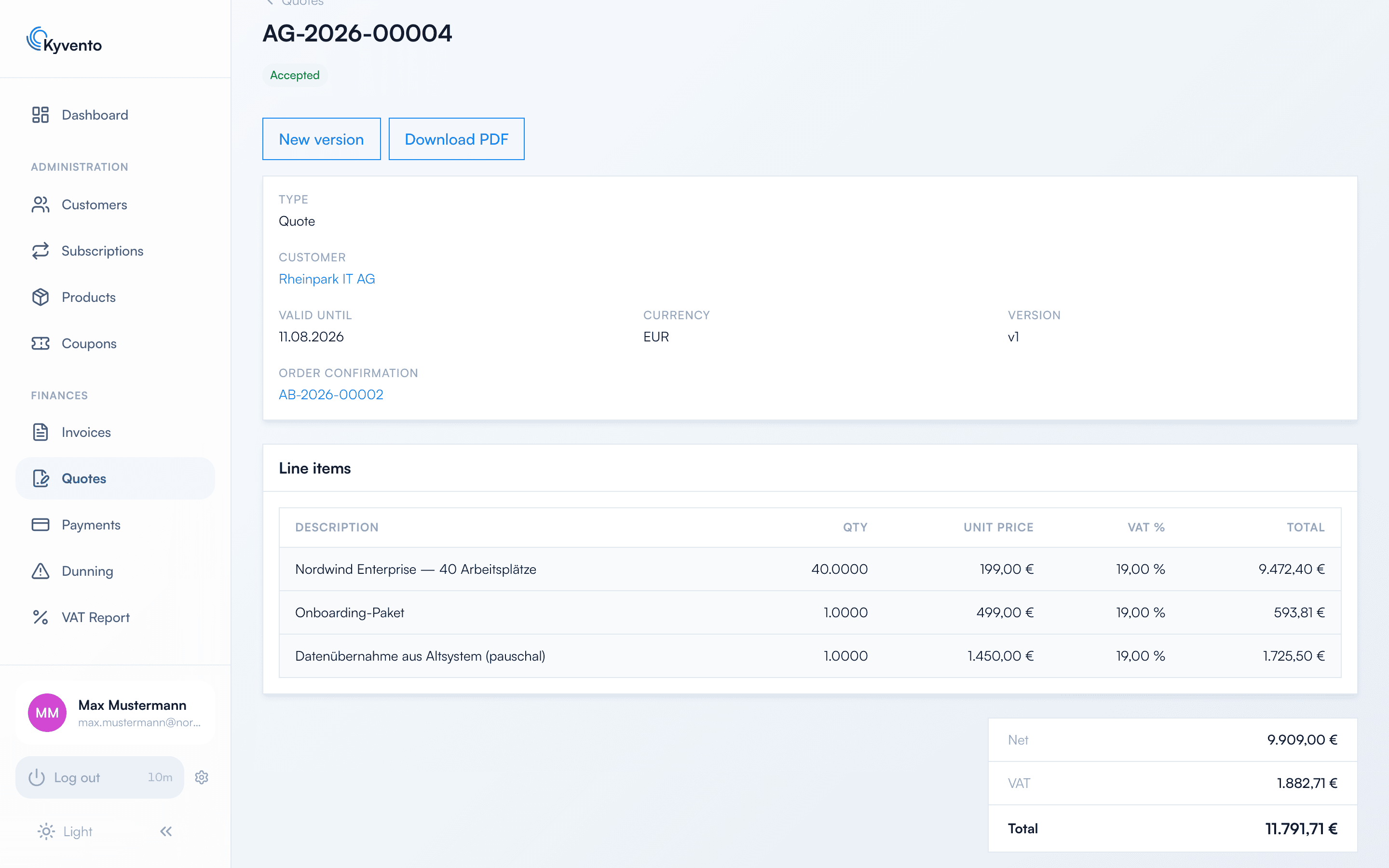 Quote detail AG-2026-00004 with status “Accepted”, line items and totals