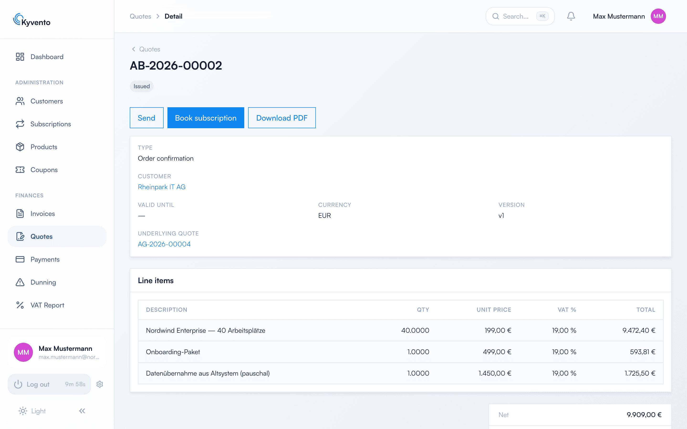Order confirmation AB-2026-00002 with status “Issued” and the “Book subscription” action