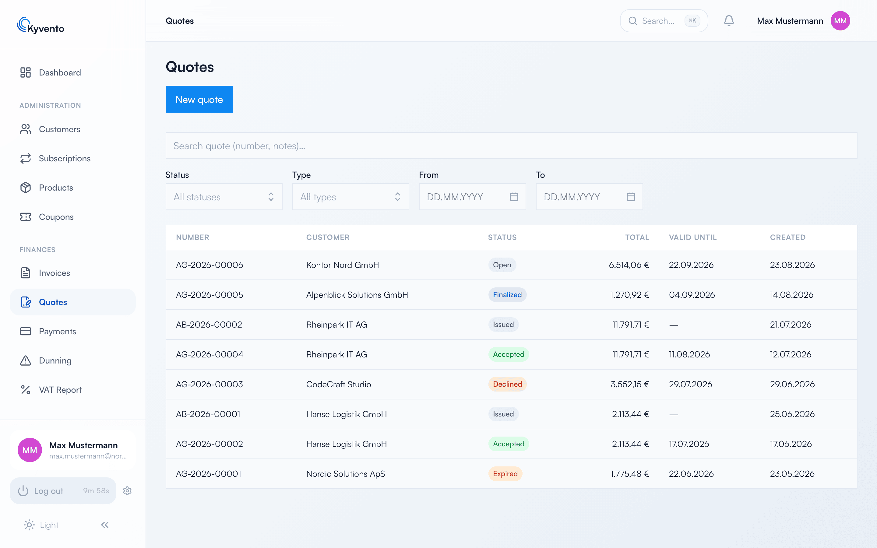 Document list with quotes and order confirmations in every status