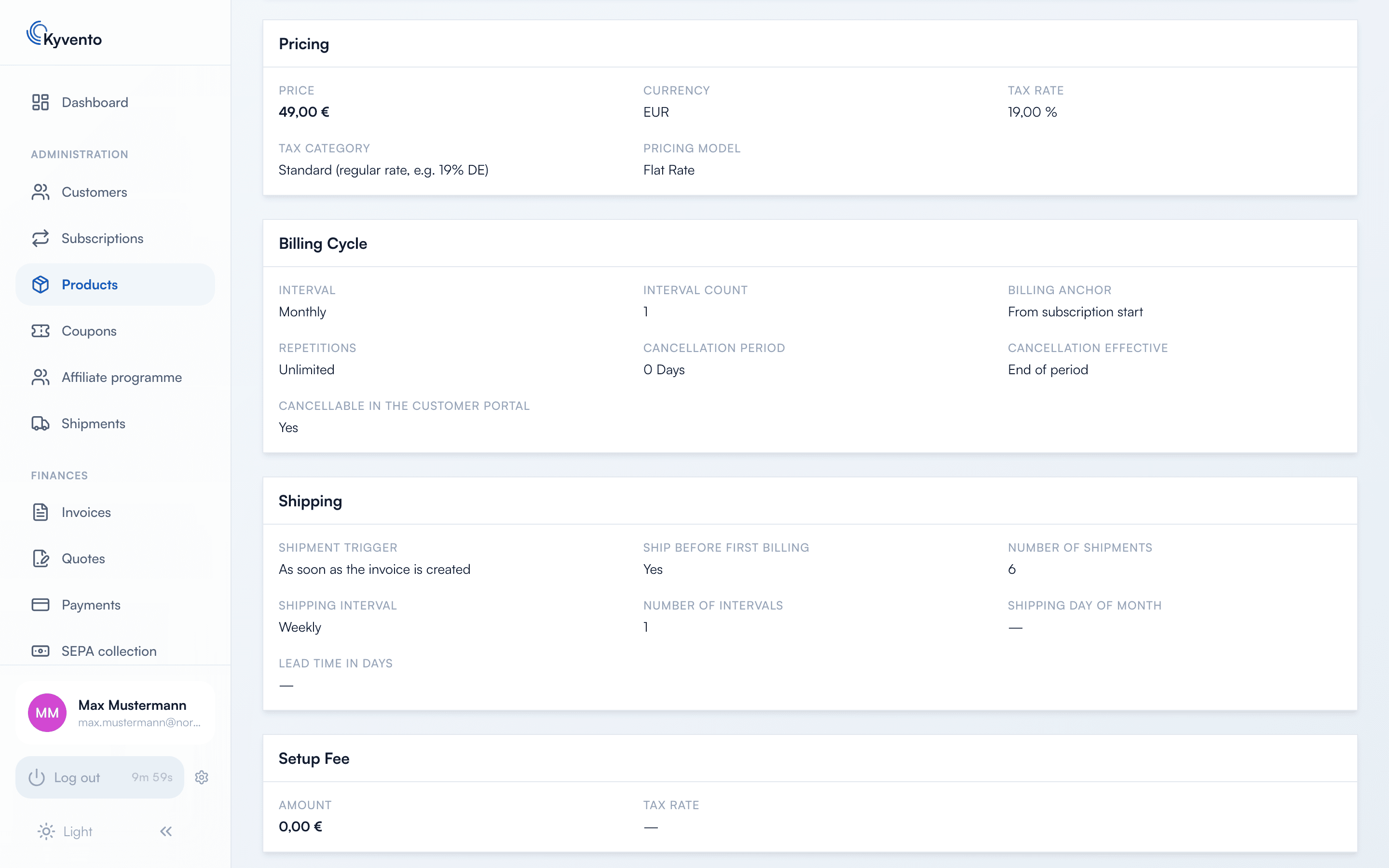 Shipping card in the product detail view below pricing and billing cycle, with trigger, ship before first billing, number of shipments, shipping interval and lead time